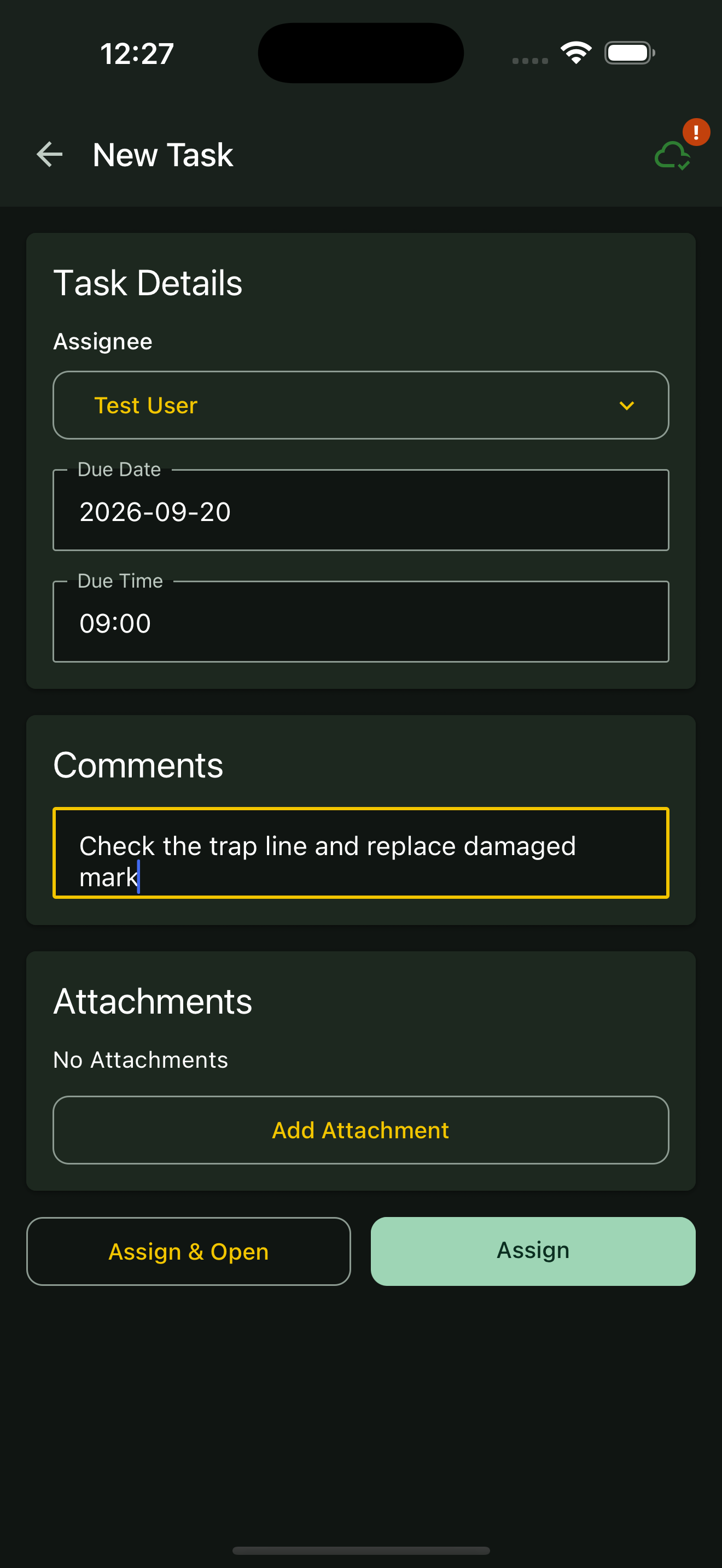 New Task form with assignee, due date and comments