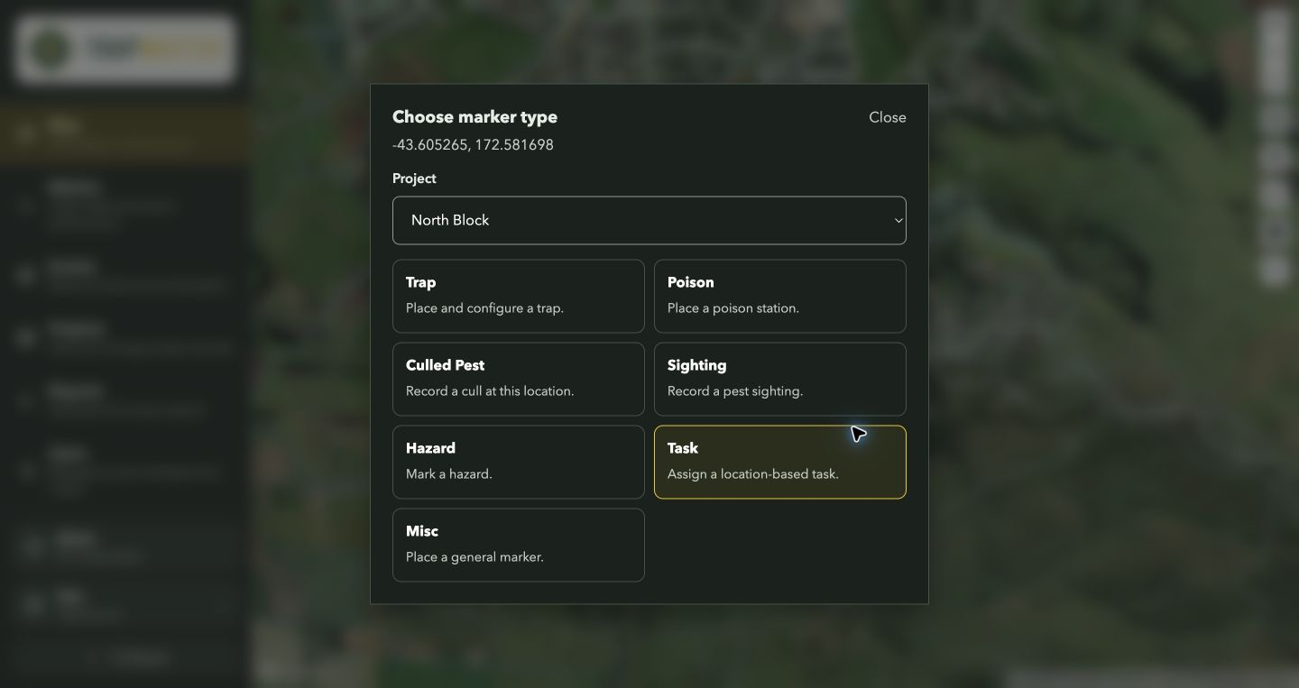Task option in the marker menu