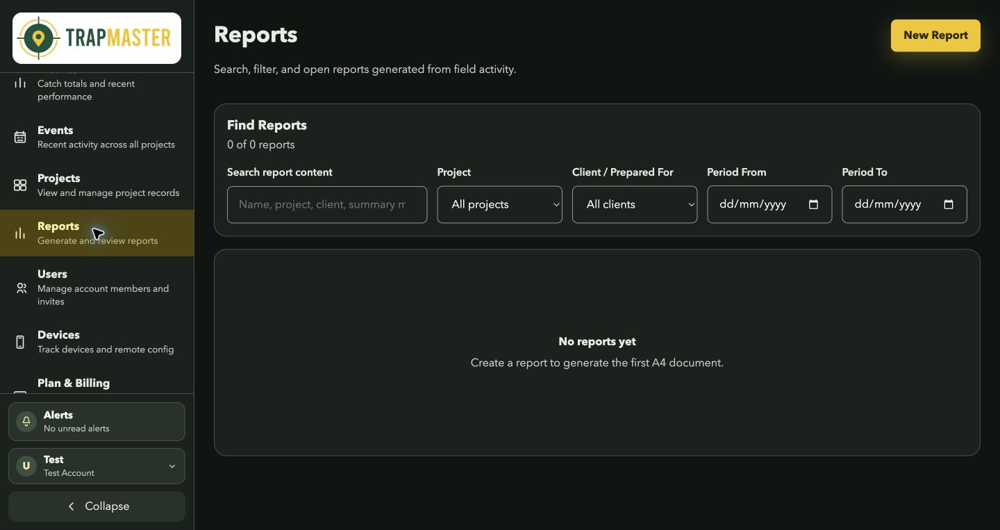 Reports page and New Report button