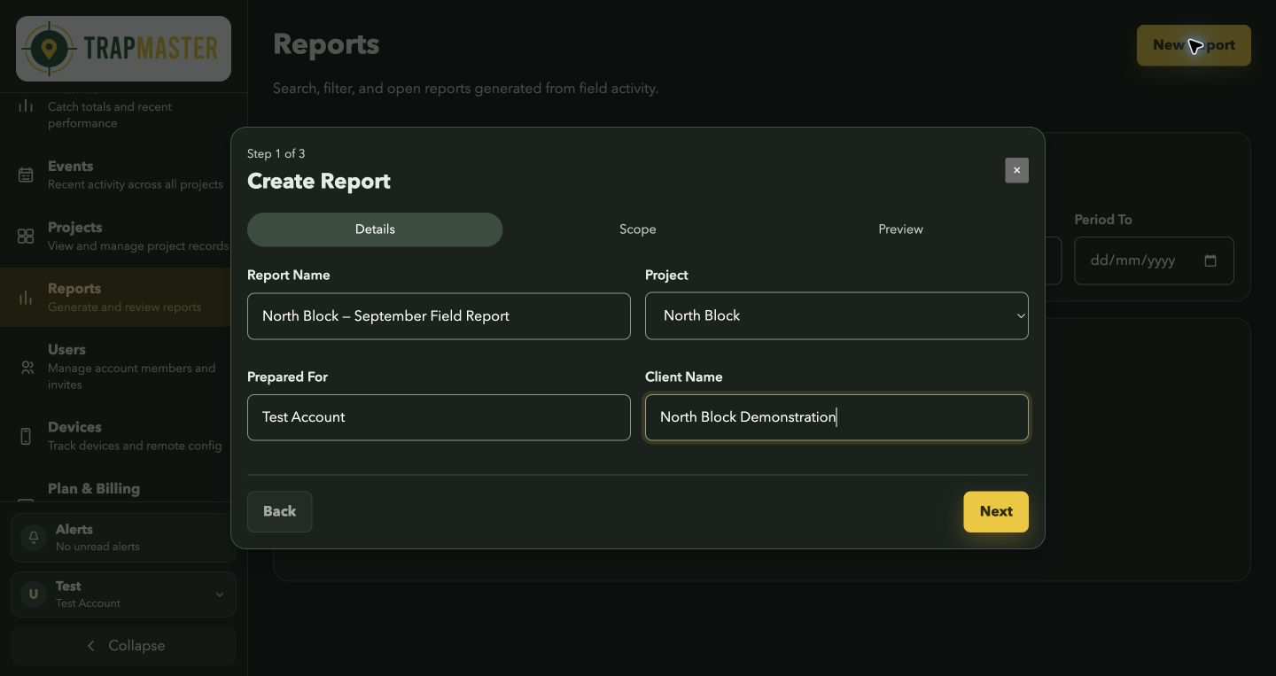 Report details and project selection