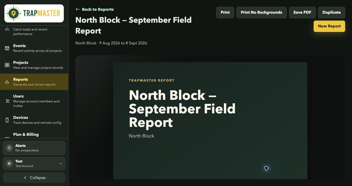 Generated demonstration report with Save PDF and print controls