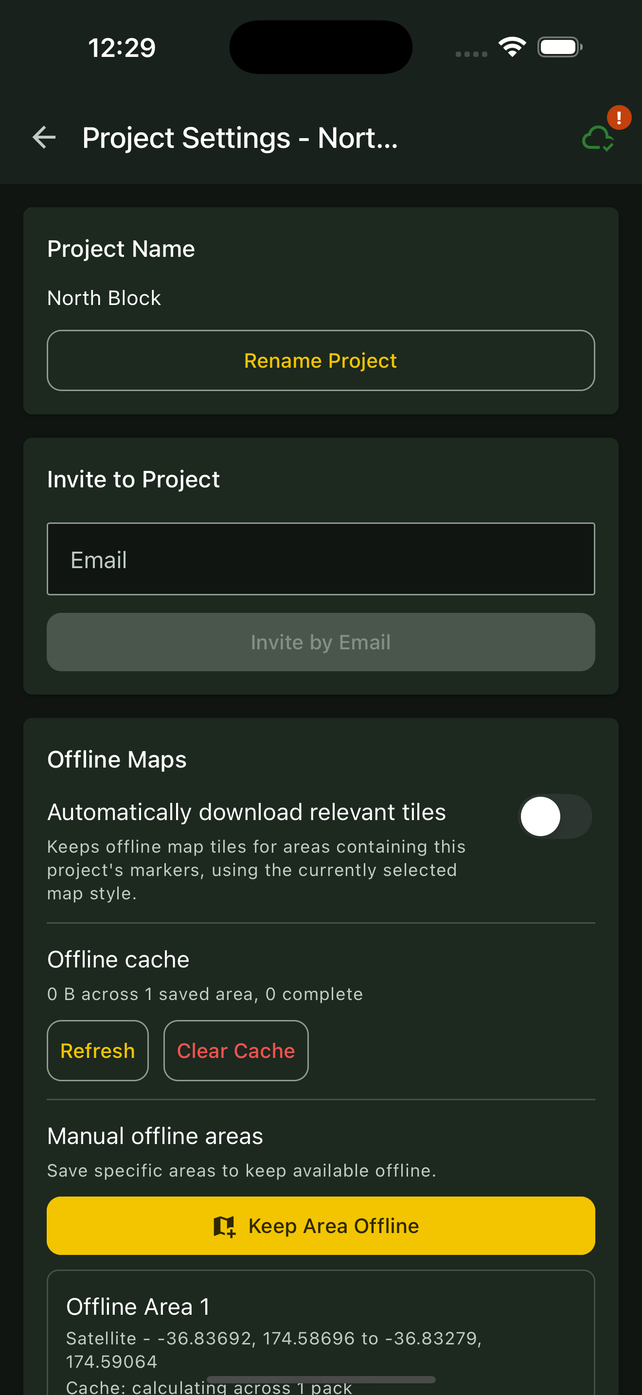 Saved offline area and download status