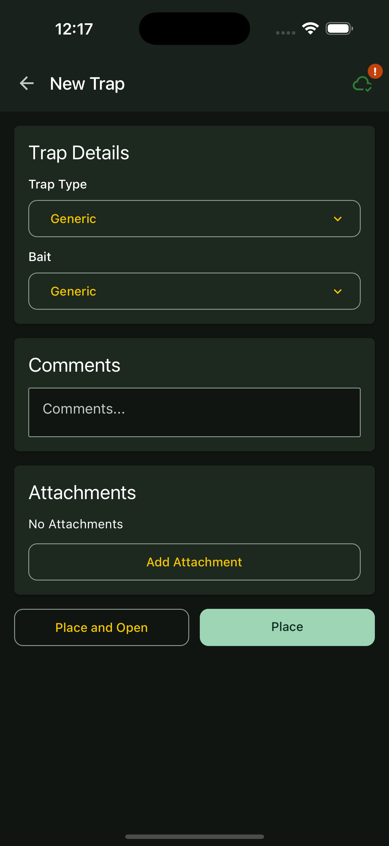 New Trap form with details and Place actions