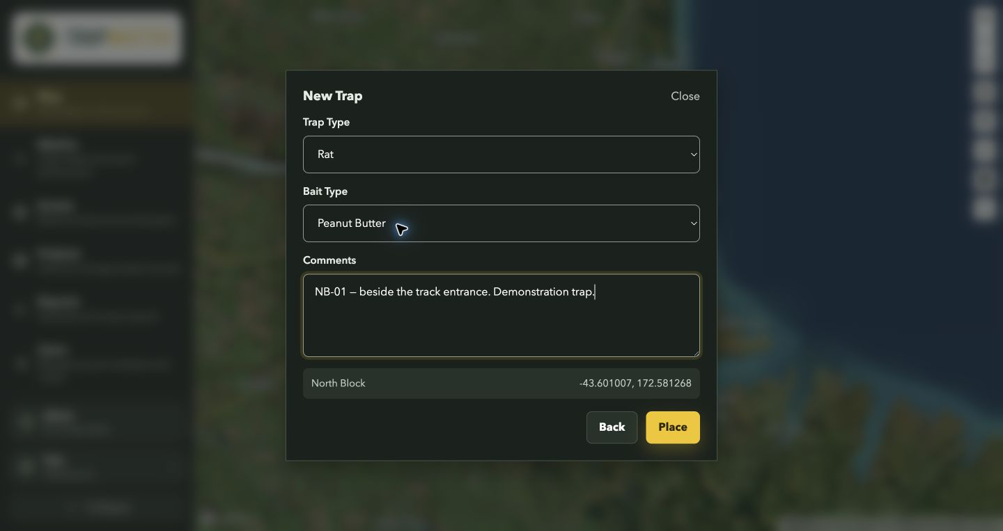 Trap type, bait type and Place button